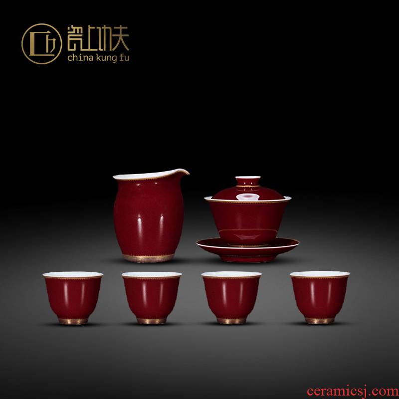 Jingdezhen pure manual ji red glaze kung fu tea set a complete set of ceramic tea set of 6 PCS only three tureen
