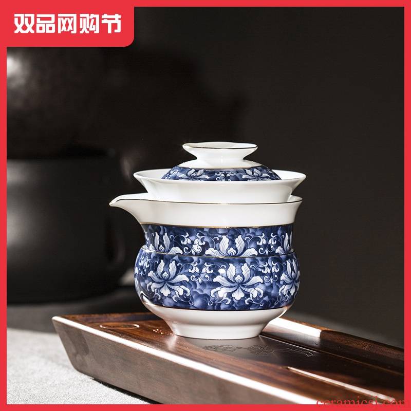 A pot of three cups of crack of blue and white porcelain cup fair keller cup portable is suing travel kung fu ceramic tea set