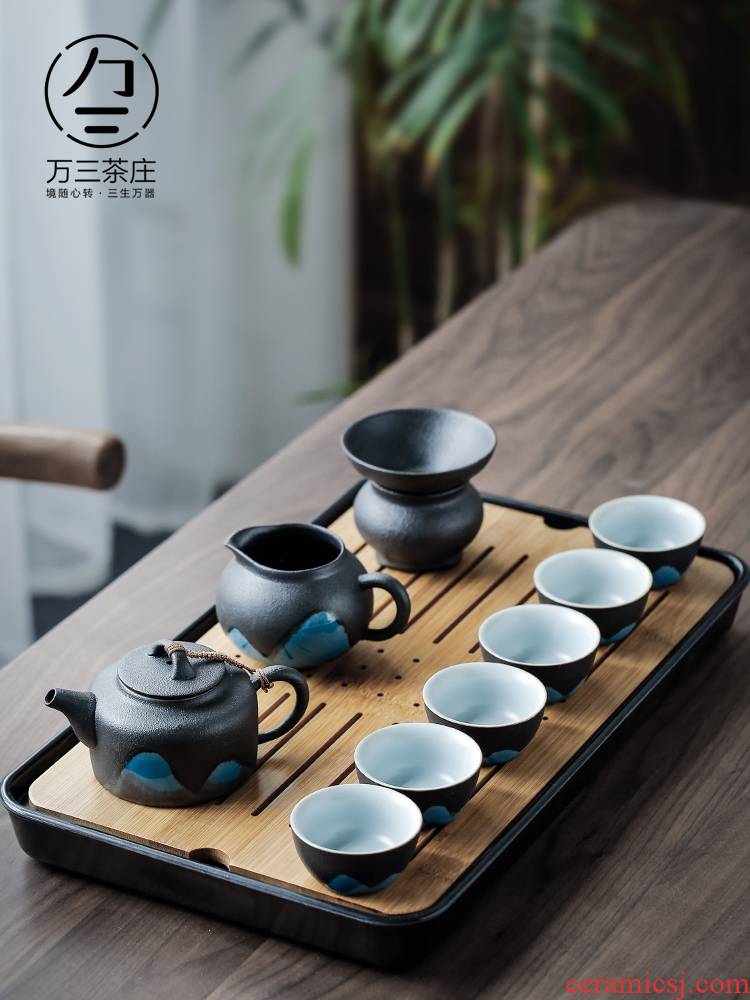 Three thousand black pottery kung fu tea tea village household Japanese contracted dry tea tray lid bowl of tea set