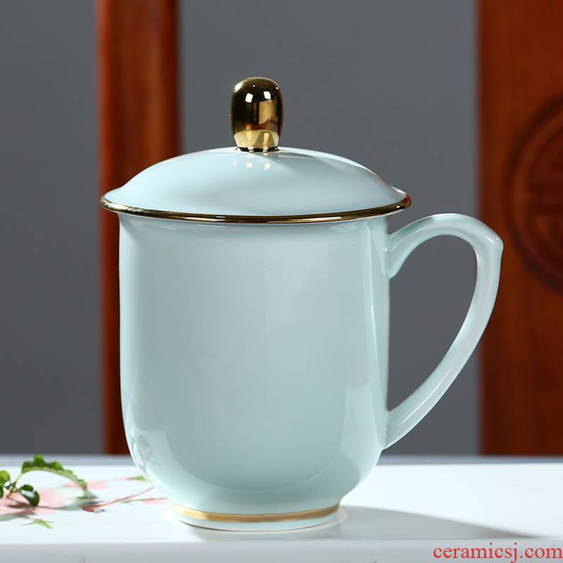 Jingdezhen ceramic tea cup of office tea cup household glass with cover keller celadon glass printing