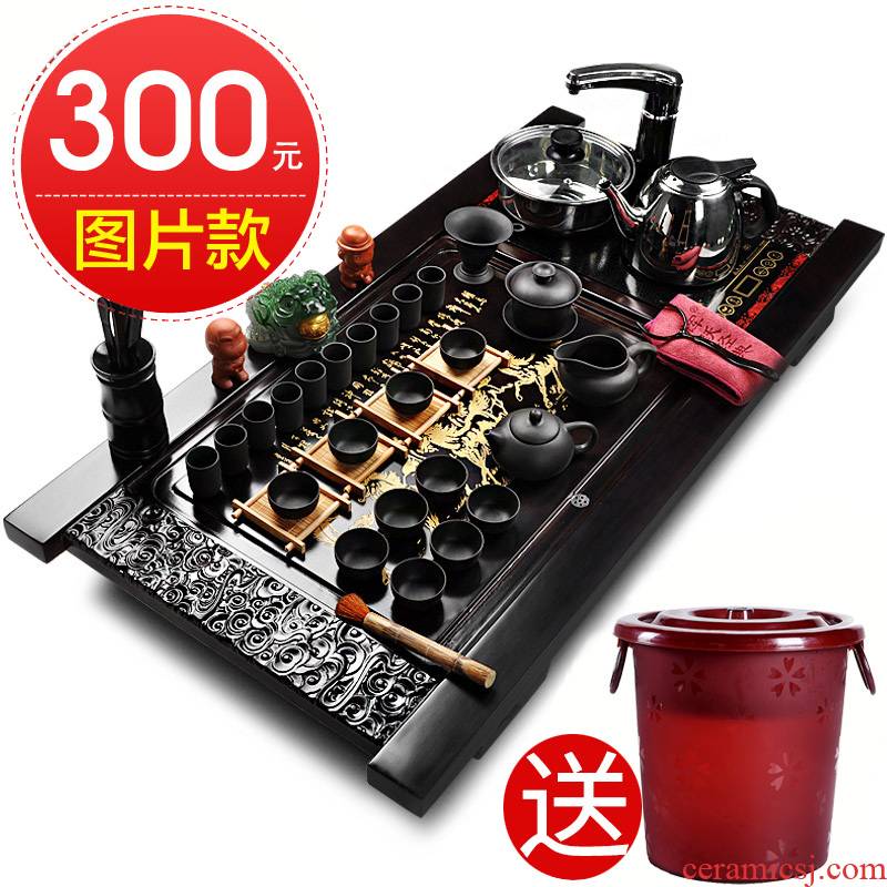 Hui make kung fu tea set violet arenaceous glass cups induction cooker technology of a complete set of solid wood tea tray