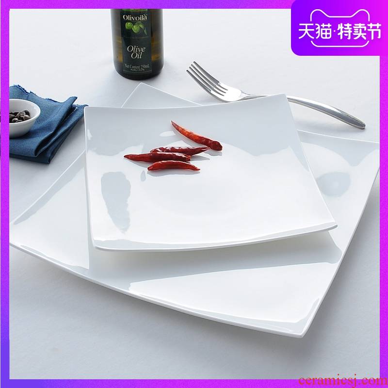 Pure white ceramic plate ipads porcelain tableware square restaurant beef steak knife and fork dish creative steak dinner plate suit