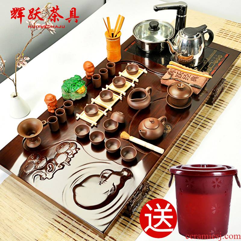 Hui, make tea sets ice crack kung fu tea set purple four unity of a complete set of induction cooker solid wood tea tray tea sea