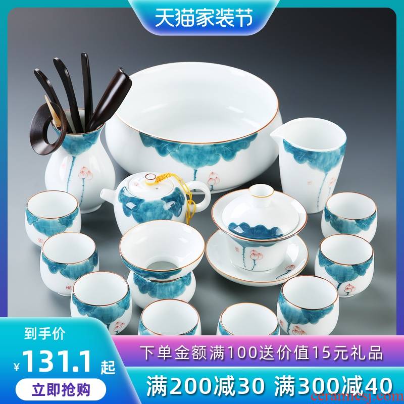 Dehua white porcelain kung fu tea set suit household contracted and I Chinese hand - made porcelain cup lid bowl suit
