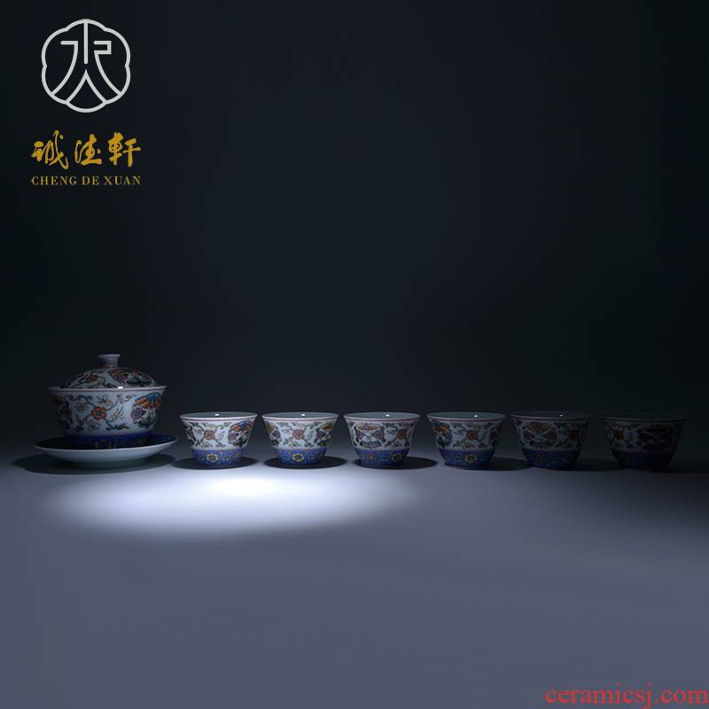 Cheng DE xuan jingdezhen ceramic kung fu tea set suit pure manual set of 7 head powder enamel butterfly dance thick fragrant