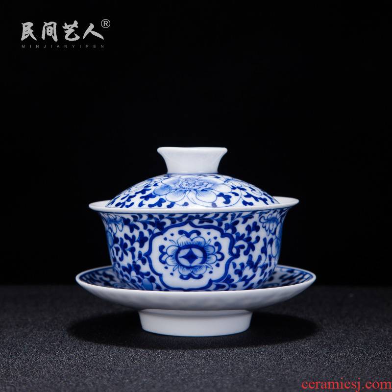 Jingdezhen blue and white tureen white porcelain ceramic hand - made kung fu tea set manually thin porcelain tea only three cup bowl