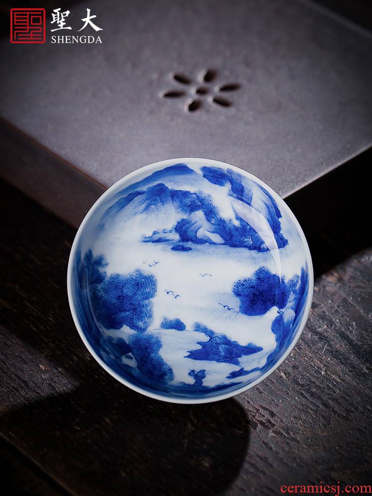 Holy big ceramic kung fu tea sample tea cup ji blue hand - made landscape lamp that all hand of jingdezhen tea service master