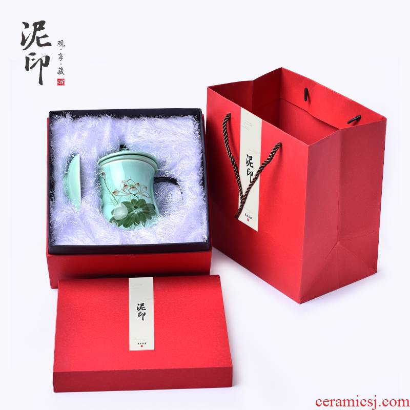 Mud seal longquan celadon ceramic cups with cover filter tea accessories make tea cup tea cup creative packaging gift box