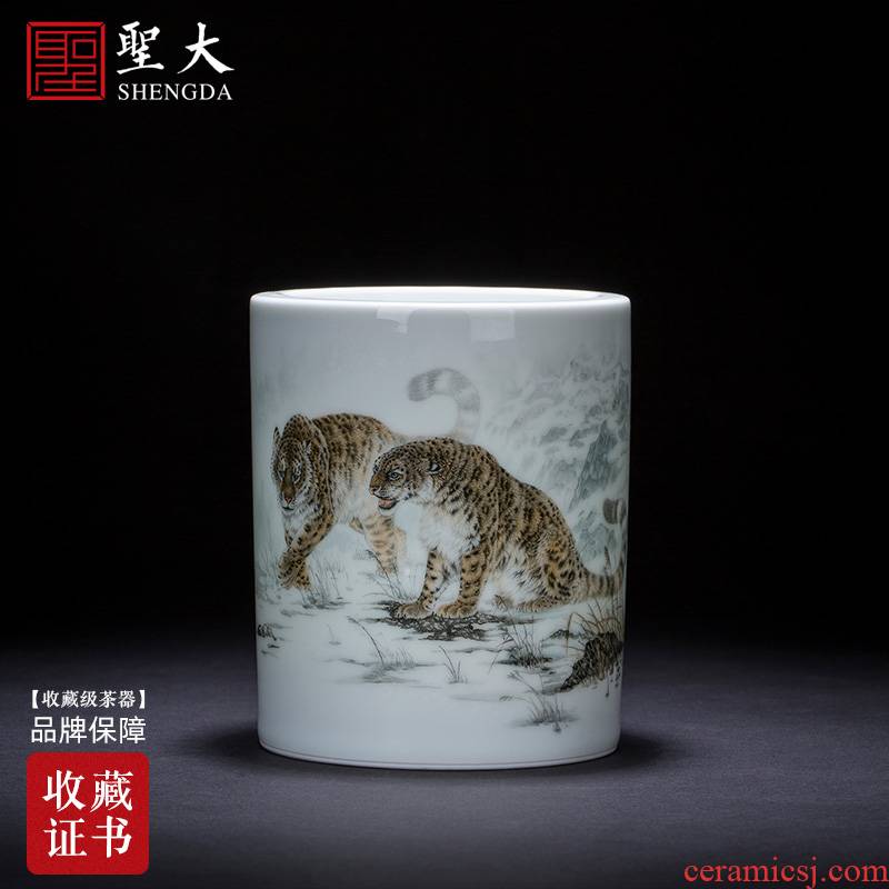 Holy big ceramic brush pot large hand - made color heavy new snow leopard figure hair brush pot "four China jingdezhen