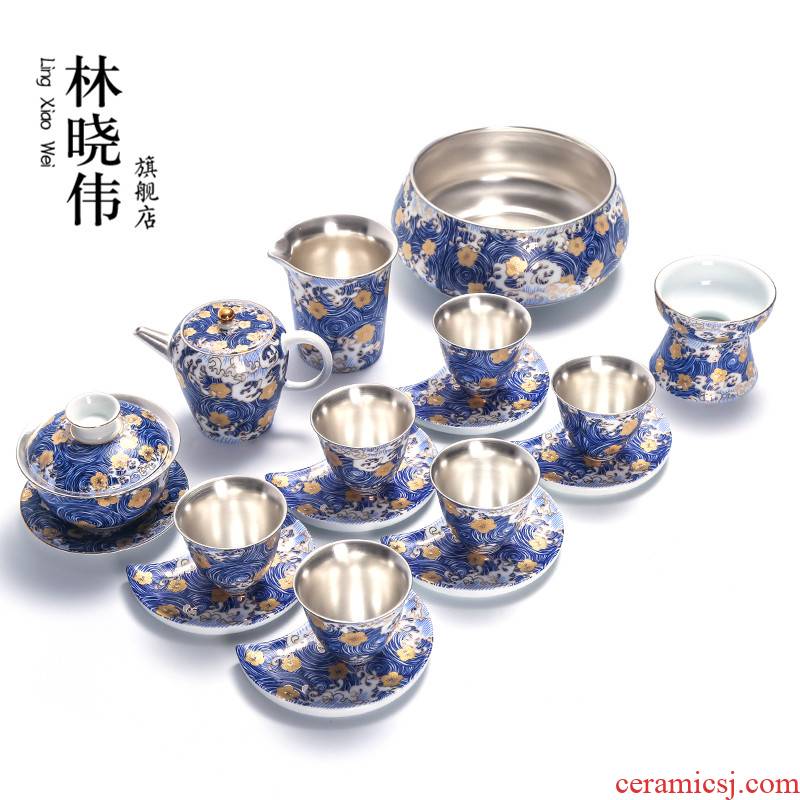 999 coppering. As silver tea set of a complete set of colored enamel inlay silver kung fu tea set ceramic teapot teacup household contracted