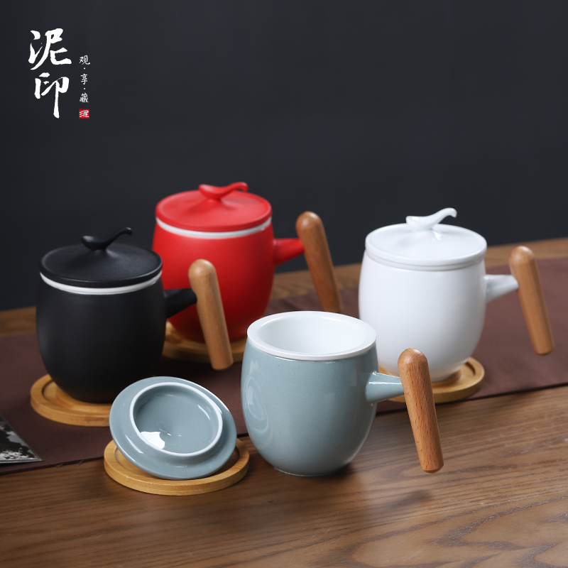 Mud seal mark cup with cover ceramic cup household water filter cup; Male and female custom office cup tea cup
