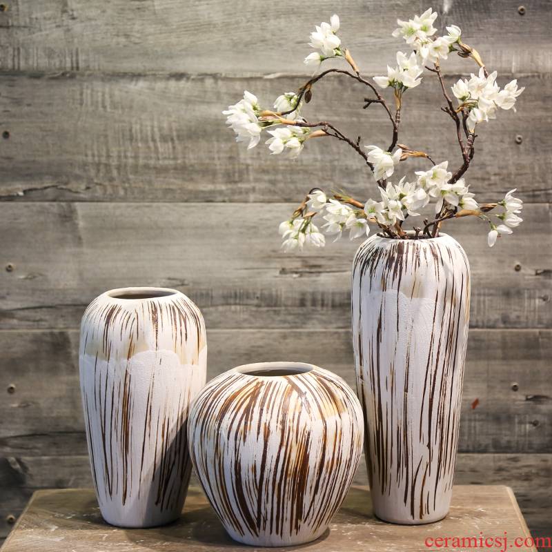 Jingdezhen coarse pottery ceramic vase restoring ancient ways suit furnishing articles villa living room table simulation flowers decorative flower implement false