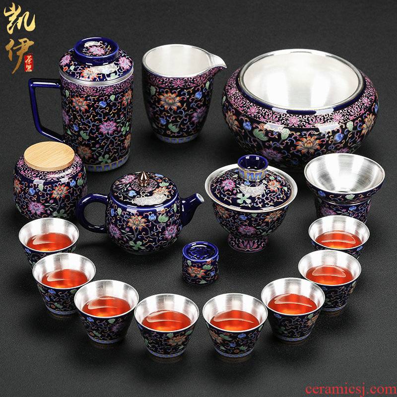 Silver colored enamel riches and honour flowers coppering. As kung fu tea sets tea pot lid bowl of jingdezhen ceramic tea set