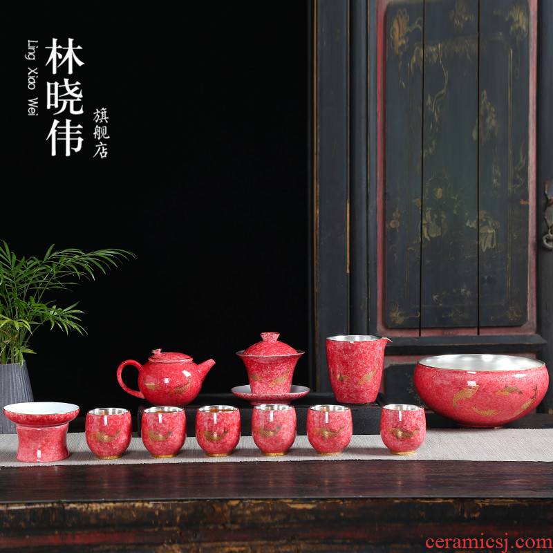 Jingdezhen coppering. As silver fish every year kung fu tea set home sitting room hand - made ceramic tea cup tea art gift set