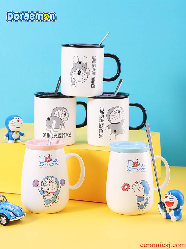 Doraemon ceramic mark cup express cartoon jingle cats children with cover spoon couples creative move trend