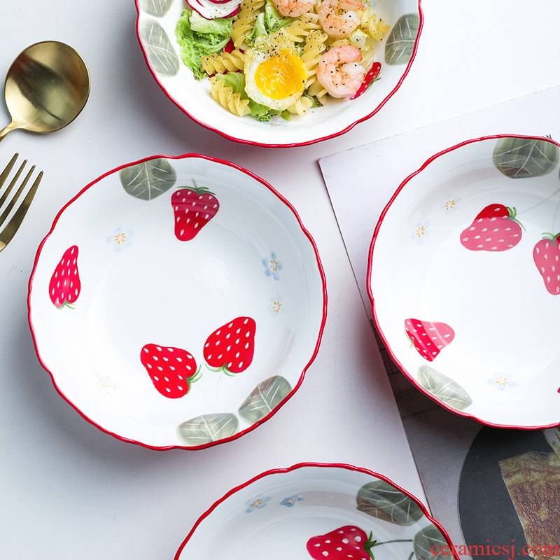 Selley, lovely strawberry ceramic bowl 6.5 "fruit salad bowl dessert bowl bowl bowl lace home for breakfast