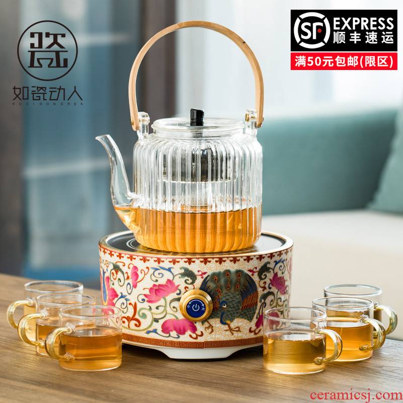 Suit the electric TaoLu boiled tea, kungfu tea set household glass teapot colored enamel small steamed tea tea stove kettle