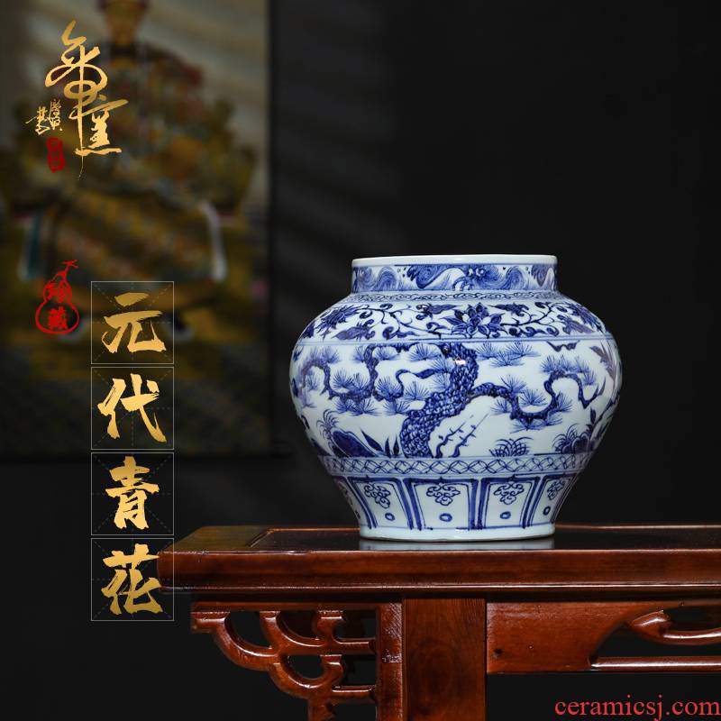 Emperor up antique porcelain yuan blue and white, poetic big jar of jingdezhen porcelain collection Chinese vase sitting room adornment
