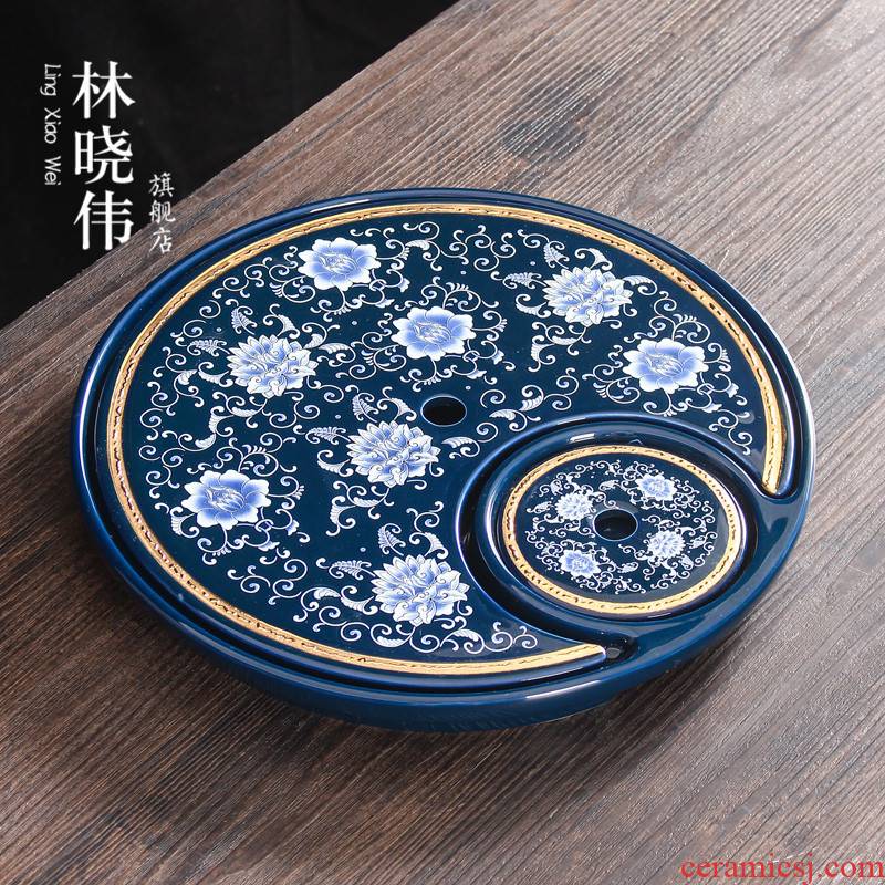 Ceramic water dry drainage tea tea tray table circular Chinese kung fu tea tray is contracted household tea tea