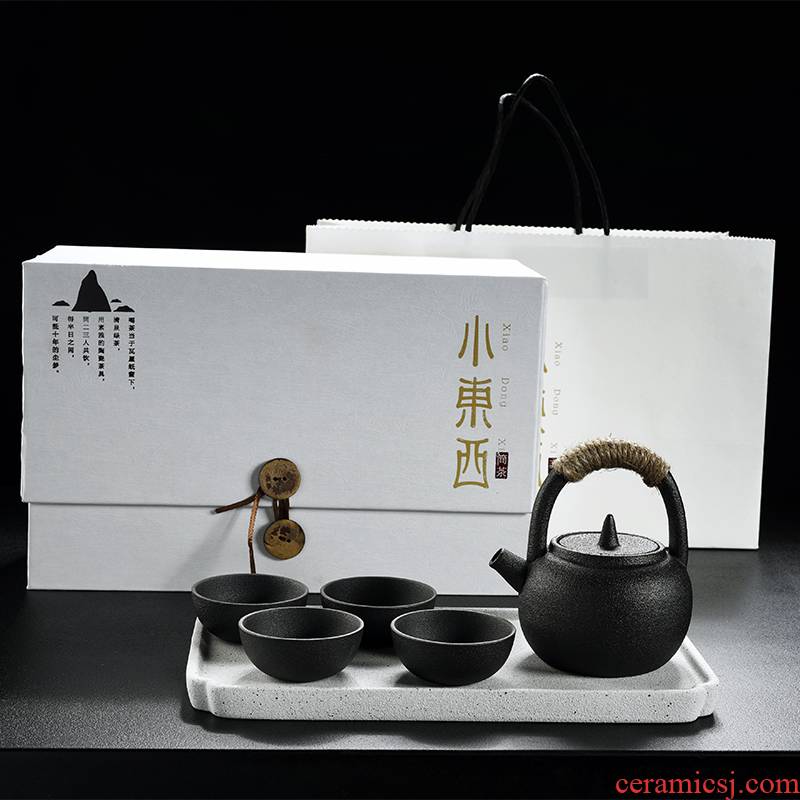 Old &, black pottery tea set household coarse pottery Japanese pot dry mercifully a pot of four cups of girder consolidation set of gift boxes
