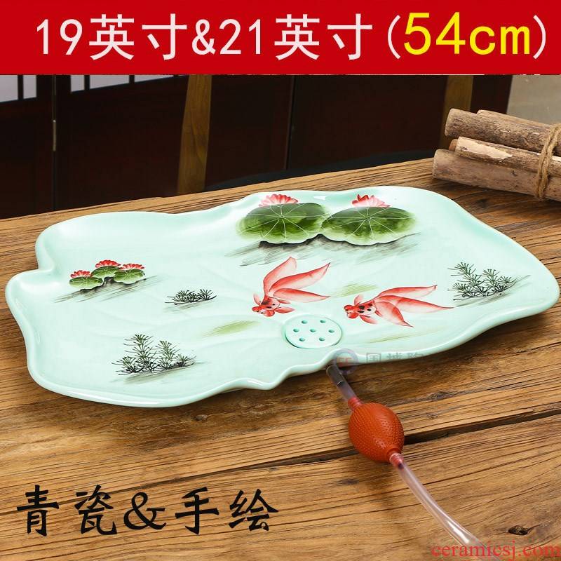 Kung fu tea tray drainage type large congou celadon hand - made lotus home u.s single ceramic tray