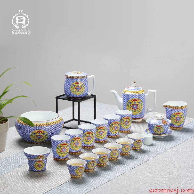 DH of jingdezhen tea service suit household archaize colored enamel kung fu tea cup tureen teapot tea cups