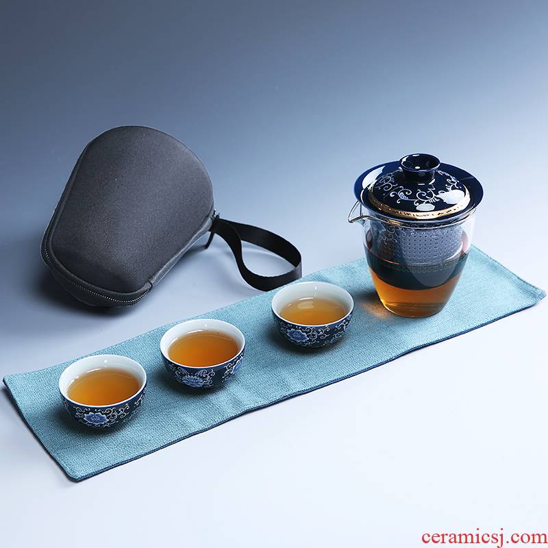 Ceramic blue kung fu tea tea travel portable receive package crack cup creative home office tea set