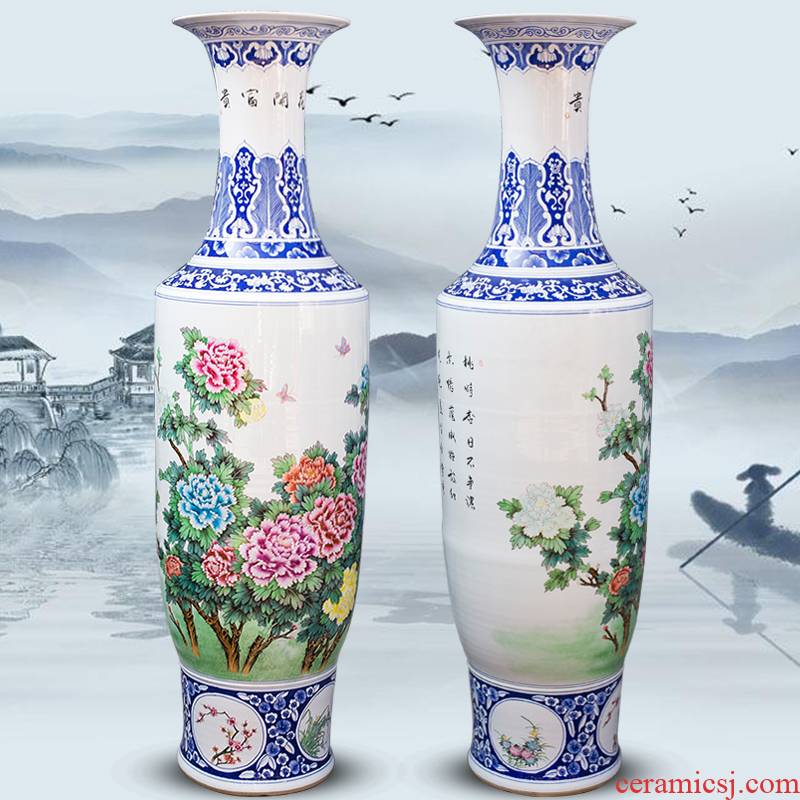 Blue and white porcelain of jingdezhen ceramics manual hand - made peony of large vases, Chinese style living room decoration villa furnishing articles