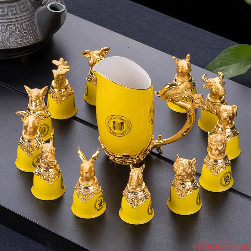 Chinese zodiac glass ceramic wine suits for wine liquor points of household of Chinese style wedding toast 12 only small glass