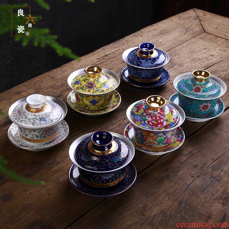 Sterling silver bowl with colored enamel tureen Chinese kung fu manual large jingdezhen three cups cup home hand grasp mercifully