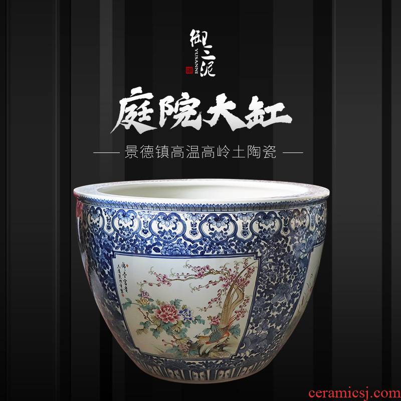 Jingdezhen to heavy cylinder large Chinese ceramic cornucopia sitting room aquarium raise the lotus pond lily cylinder blue and white pattern
