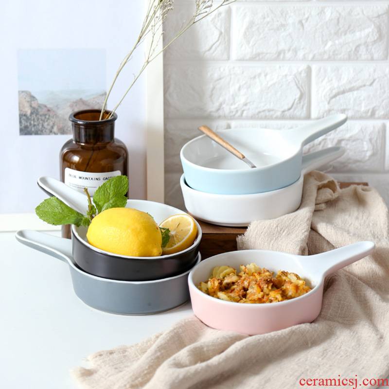 The Nordic matte enrolled porcelain bake bowl with The handle restaurant oven baked cheese bowl household fruit salad bowl