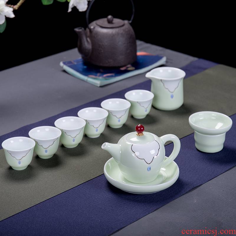 Ya xin hand - made celadon kung fu tea set home lotus ceramics suit of a complete set of blue and white porcelain cup teapot