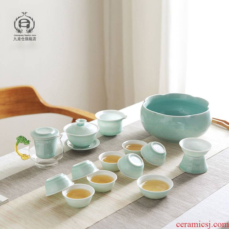 DH jingdezhen celadon graven images kung fu tea set household contracted teapot teacup ceramic three tureen suit