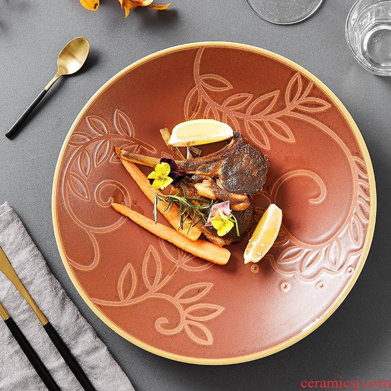 Nordic retro anaglyph domestic large food dish 10 inch European ceramic plate pasta dish steak dinner plate