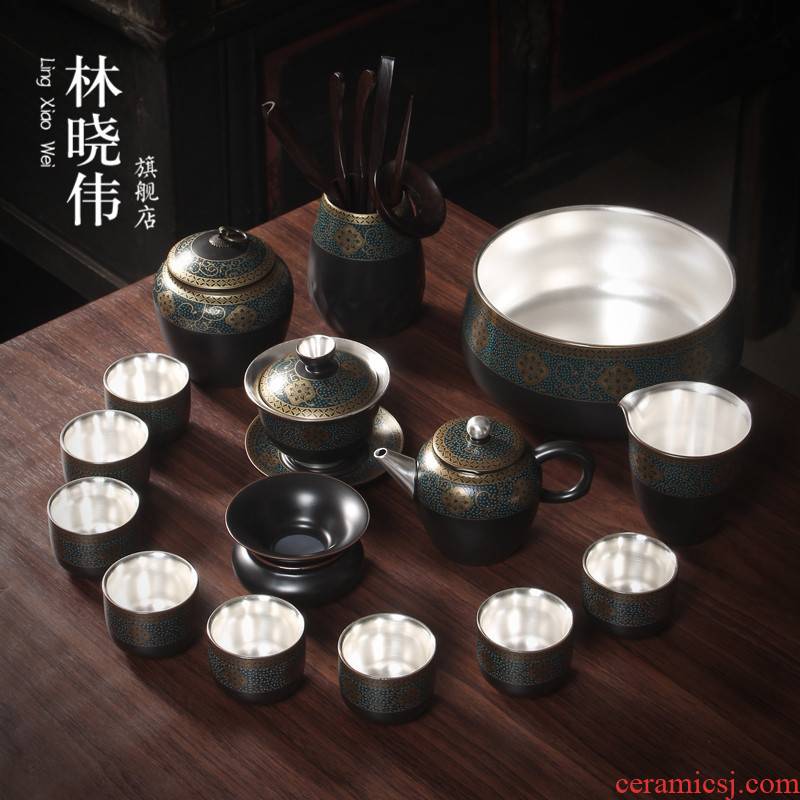 Tasted silver gilding ceramic kung fu tea set home office bladder silver cup lid bowl built lamp that make tea in the living room
