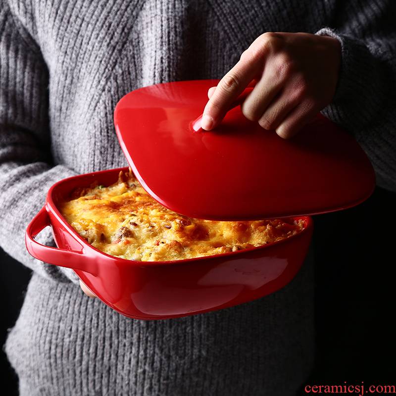 Pan with cover ears ceramic tableware high - temperature oven baked cheese bowl large plate