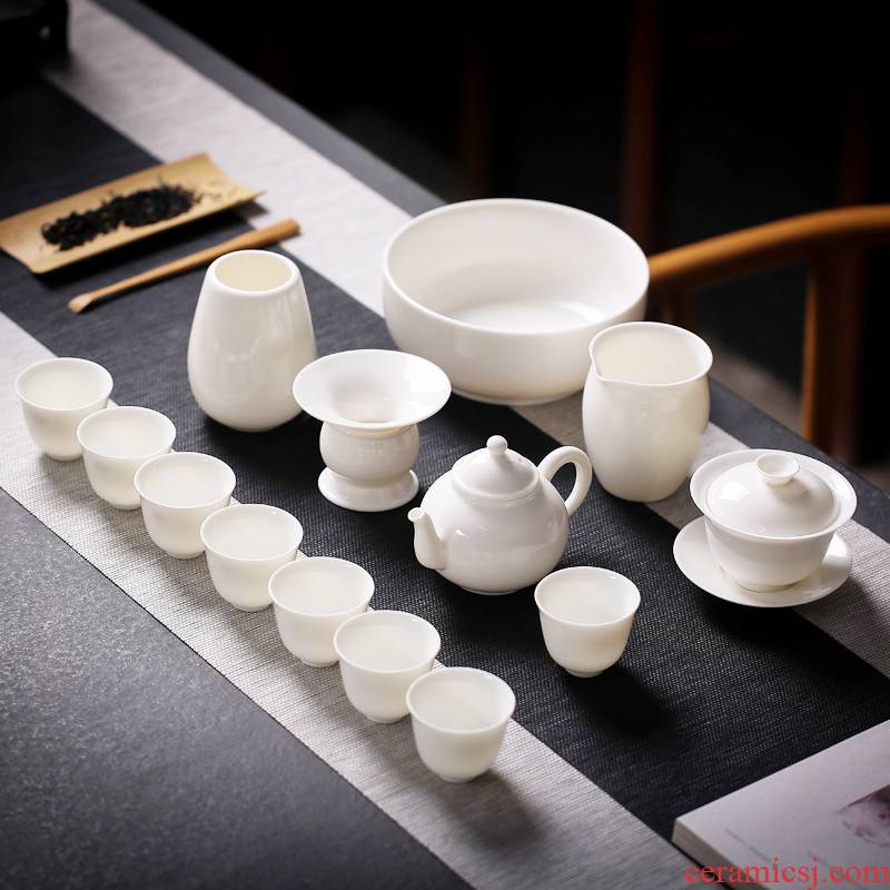 Dehua white porcelain suet jade tea tea set home a whole set of I and contracted tureen kung fu ceramic teapot