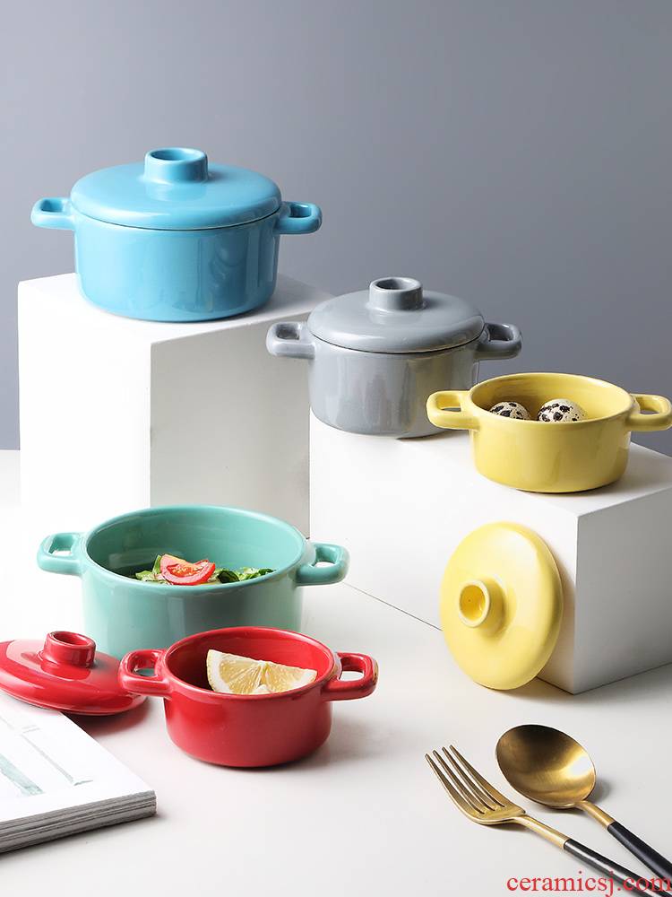 Ceramic soup bowl Nordic multicolor ears baby stew consisting bowl roast available braise cup with a lid bowl bowl of microwave oven