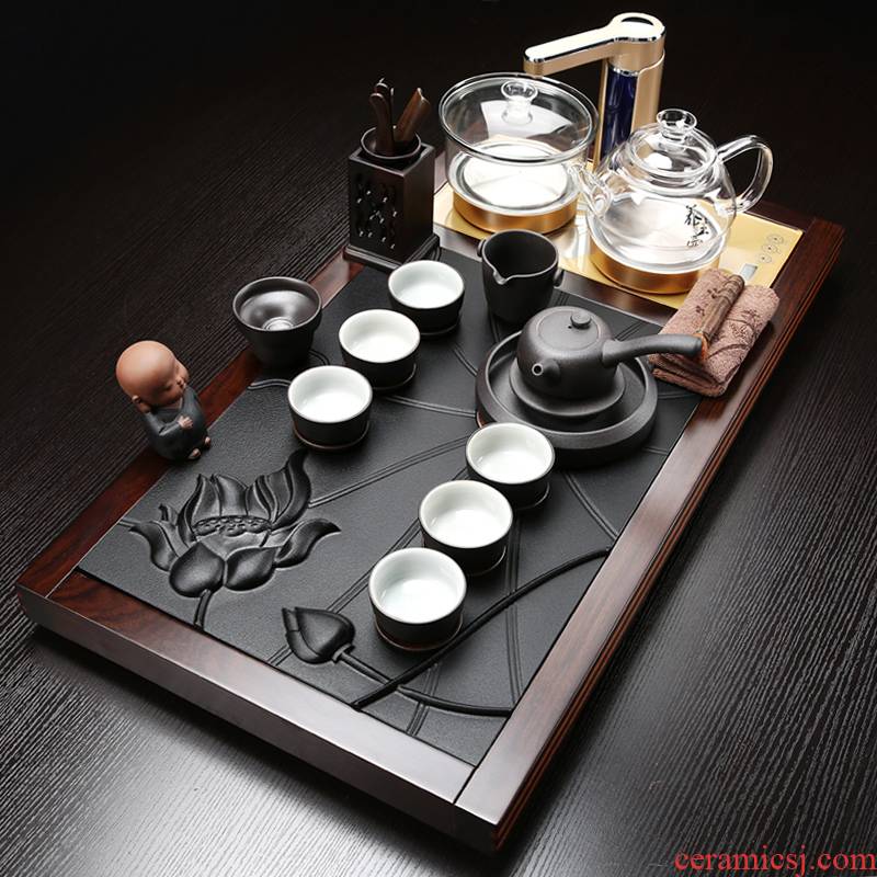 Friend is violet arenaceous kung fu tea set household contracted ceramic cups magnetic electric furnace tea stone solid wood tea tray