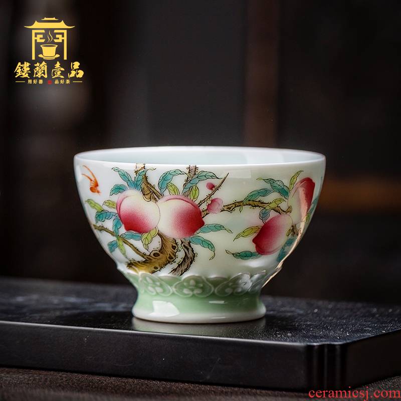 Jingdezhen ceramic all hand pastel peach branches about nine live carving master cup kung fu tea tea cup