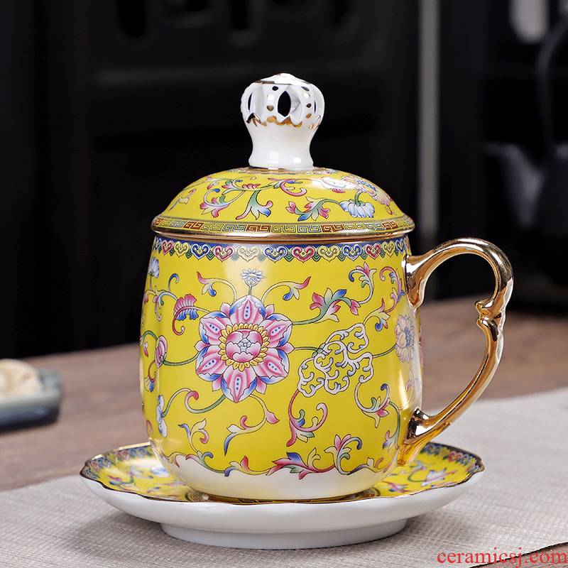 Colored enamel porcelain cup with cover large capacity cup tea masters cup tea cup office coffee cup