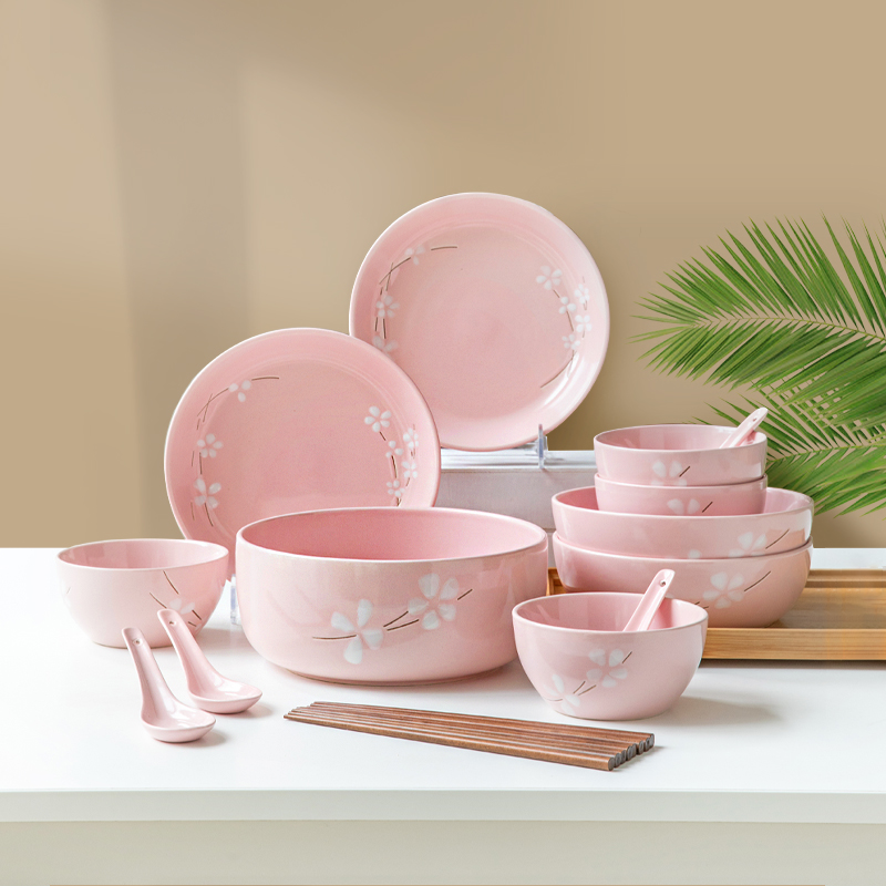 17 woolly Japanese cherry blossom put pink tableware suit and four dishes suit small and pure and fresh as ceramic