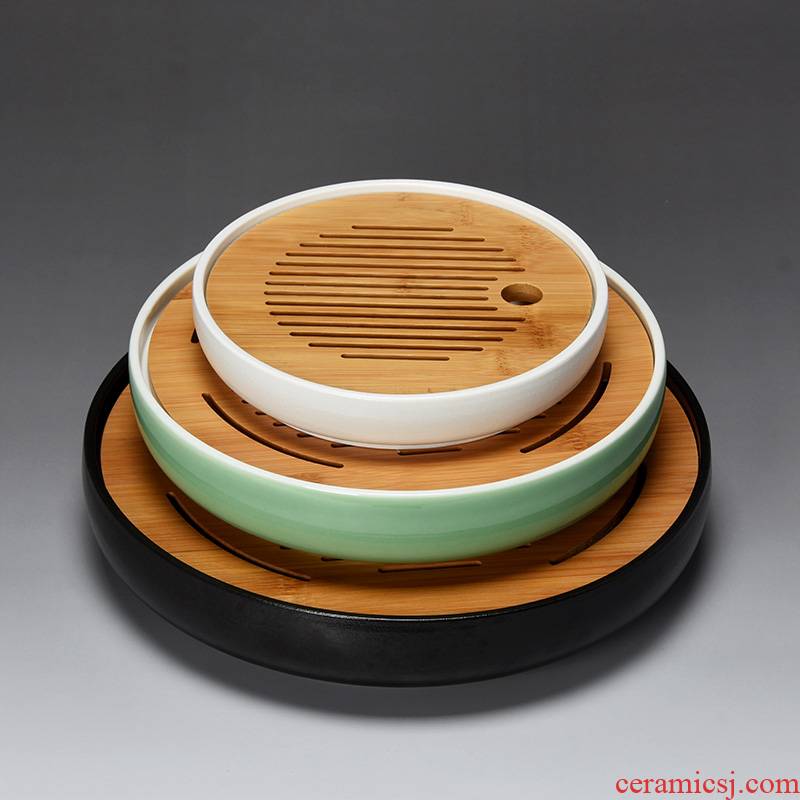 Jun ware water lines, small bamboo tea tray celadon circular dry plate of kung fu tea set ceramic tea sea water type tea table