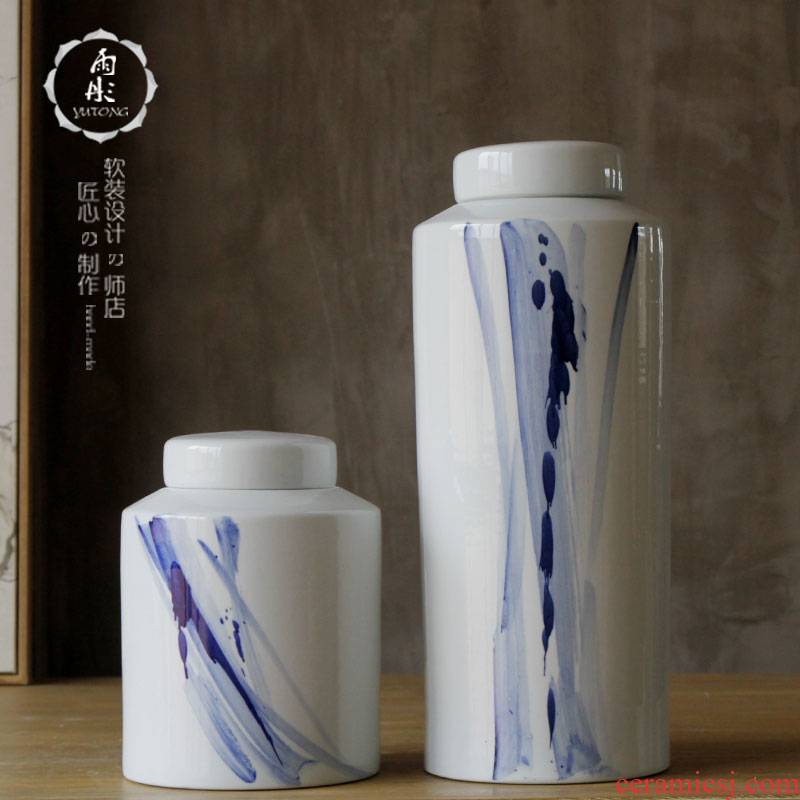 Rain tong home | hand draw freehand brushwork in traditional Chinese modern blue and white porcelain decoration household ceramics canister to furnishing articles example room decoration