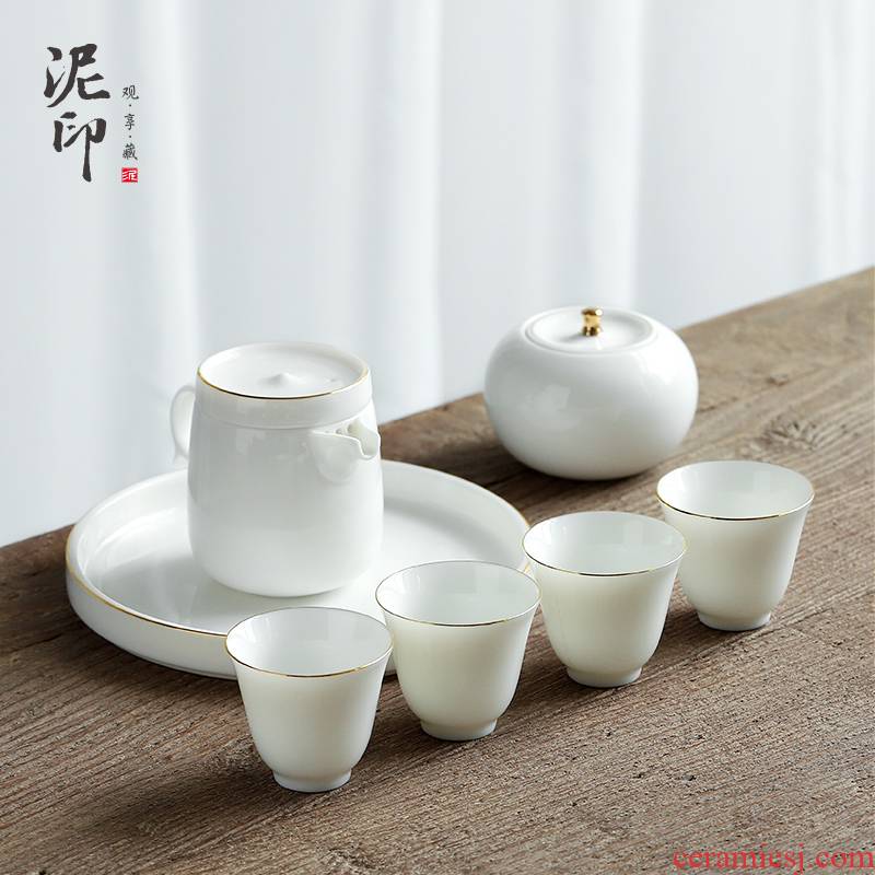 Dehua white porcelain clay seal dry tea set kung fu tea set small household set of ceramic tea cup teapot tea pot