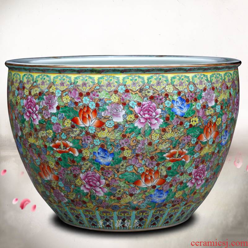 Jingdezhen ceramics hand - made pastel lotus goldfish bowl furnishing articles and calligraphy word rolls receive the tortoise cylinder tank