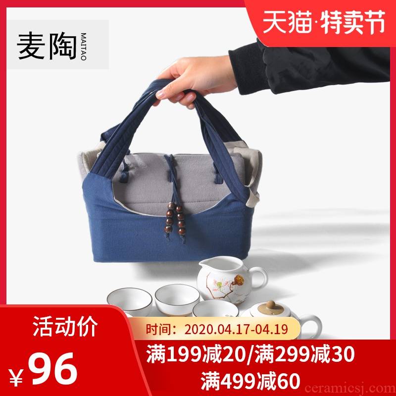 Portable travel jingdezhen hand - made MaiTao cotton and linen cloth kung fu tea set a pot of six cup receive bag crack cup