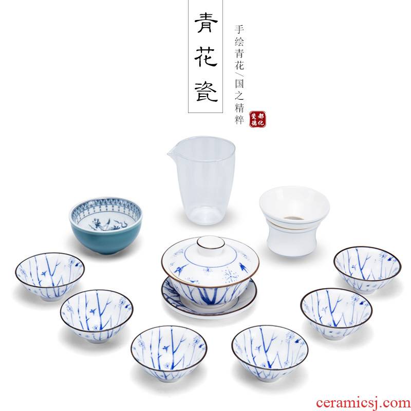 Ronkin blue and white porcelain tea set ceramic checking kung fu tea set the whole household tea teapot teacup
