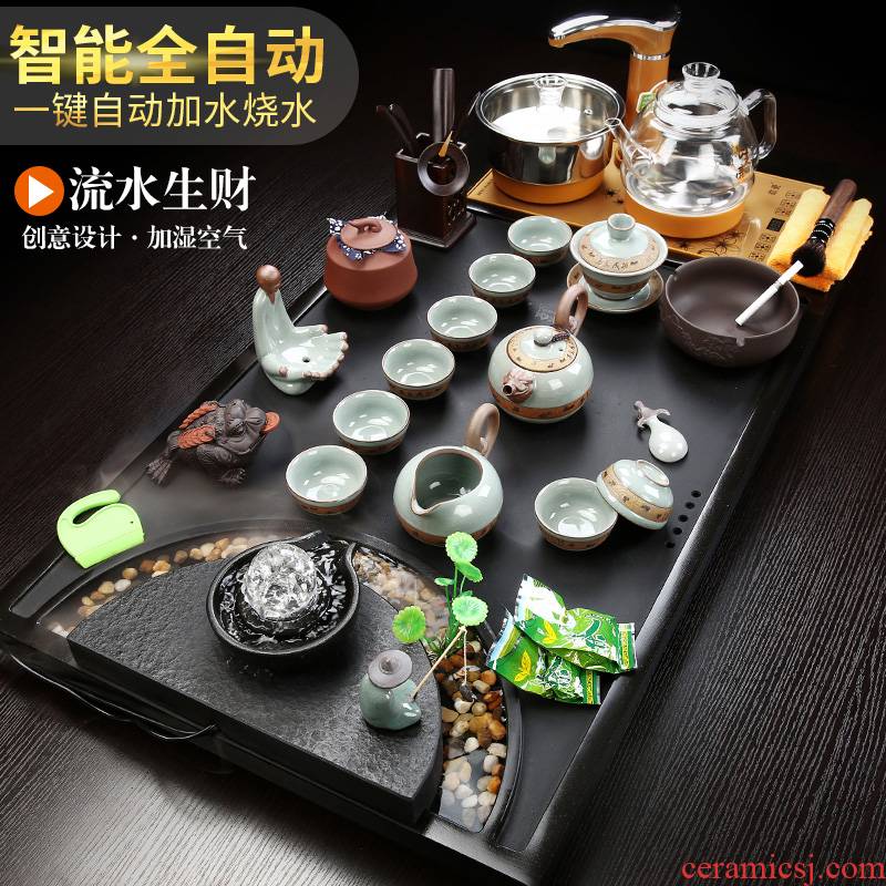Kung fu tea set office household contracted sharply stone, ceramic solid wood of a complete set of automatic water tea tray
